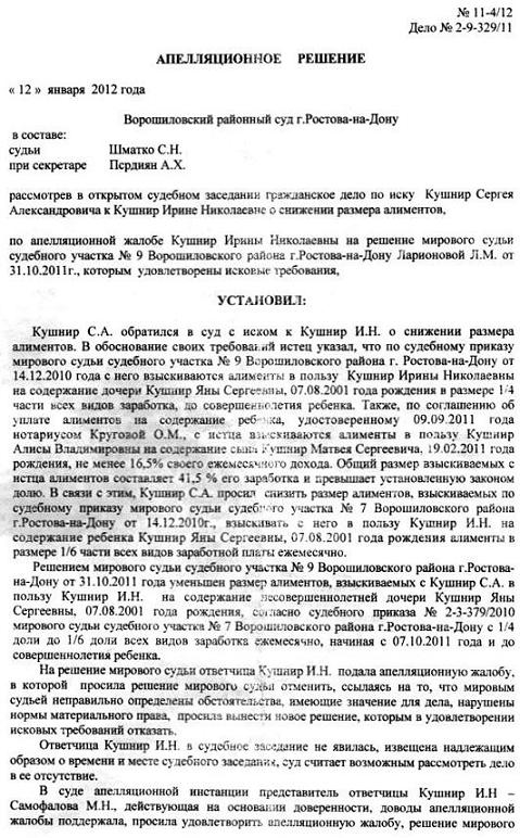 Апелляционная жалоба на решение суда об уменьшении размера алиментов образец